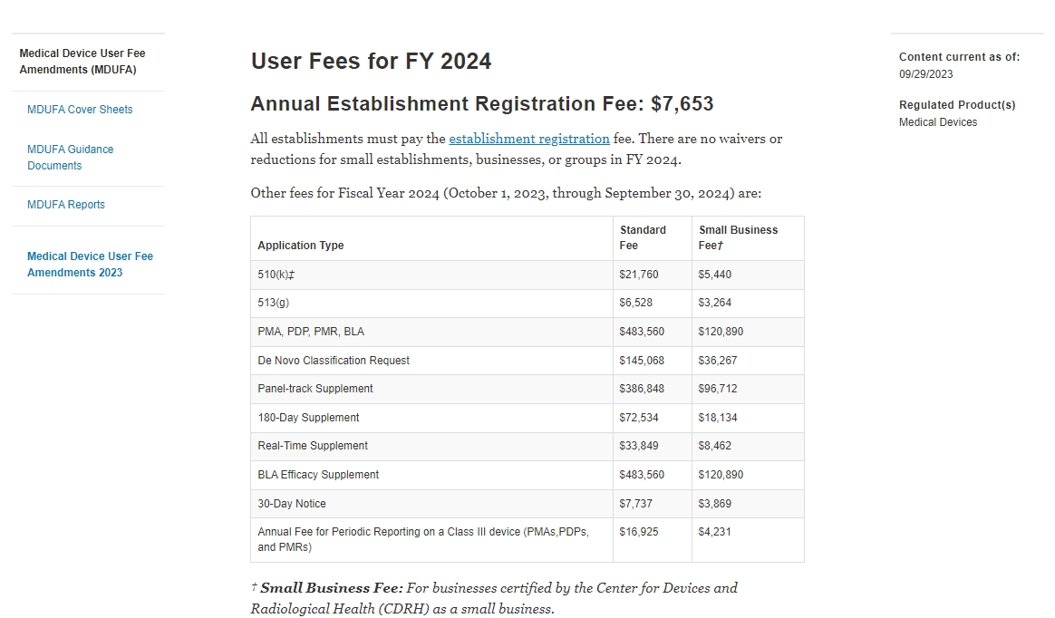 2024年医疗器械FDA认证注册官费7653USD